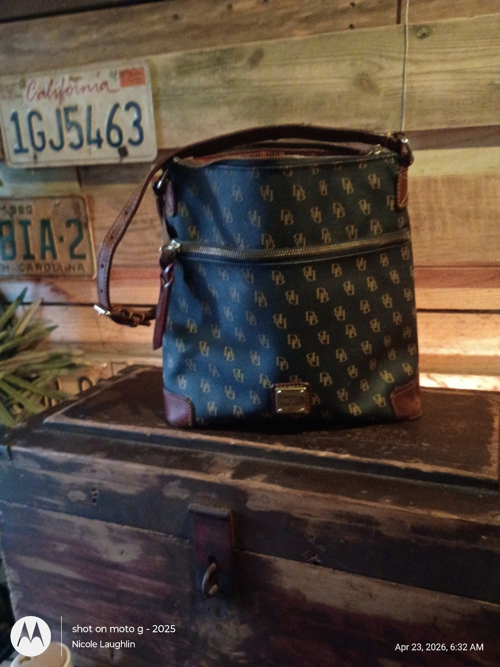 Dooney & Bourke Green Monogram Crossbody with Brown Trim